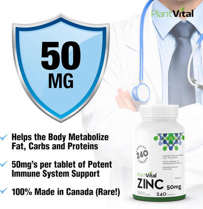 PlantVital Zinc Supplements - Made in Canada - 50mg (240 Count) - Immune Support, Healthy Bones, Hair, Nail and Skin with Zinc Gluconate 50mg - Made in Canada - Additive-Free - 240 Zinc Tablets