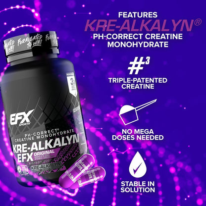 EFX Sports Kre-Alkalyn | PH 值校正肌酸一水合物 | 知情選擇，增強力量，鍛鍊肌肉，提升運動表現 I 不腹脹，不積水 - 120 粒膠囊/60 份