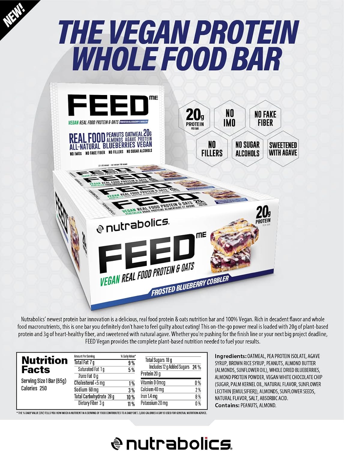 Nutrabolics- Feed me, Vegan Real Food Protein Bar, Frosted Blueberry Cobbler Box, 12 x 65 grams