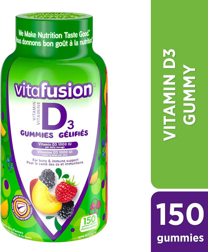 Vitafusion D3 成人維生素軟糖，1000 IU 維生素 D3 每日劑量，支持骨骼和牙齒*，150 粒，5 個月用量，包裝可能有所不同