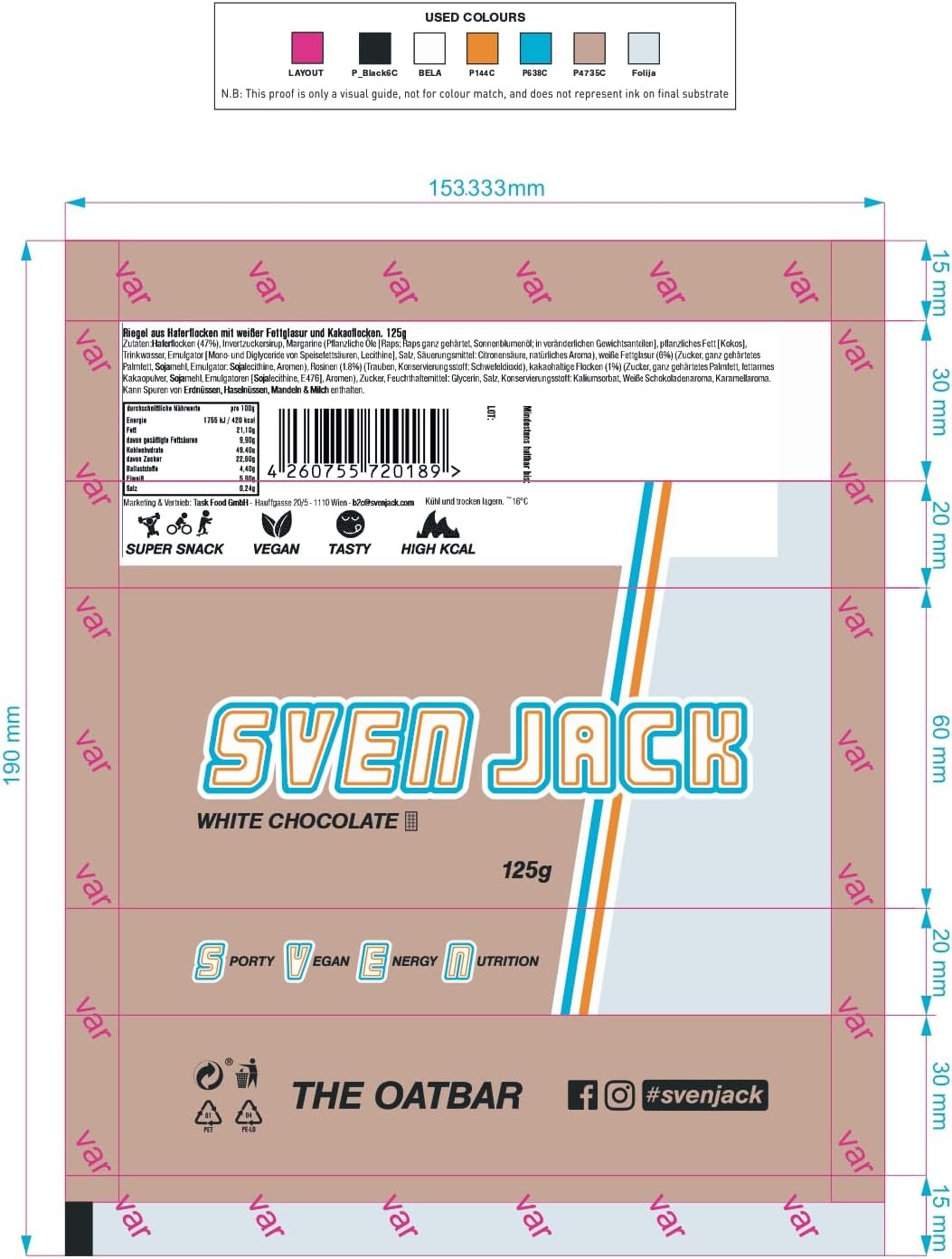 SvenJack Vegan Oat Bar White Chocolate - 24 × 125g - High‑Fibre, Low‑Sugar, Gluten‑Free Oatmeal Energy Snack with White Chocolate Coating & Cocoa Flakes