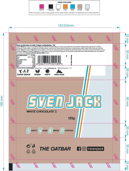 SvenJack Vegan Oat Bar White Chocolate - 24 × 125g - High‑Fibre, Low‑Sugar, Gluten‑Free Oatmeal Energy Snack with White Chocolate Coating & Cocoa Flakes