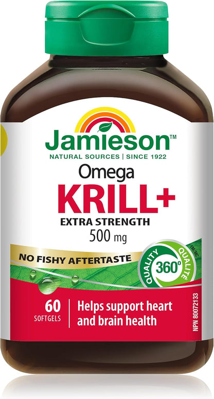 Jamieson Omega Krill Plus 500毫克軟膠囊，無魚腥味，富含EPA、DHA、磷脂質和蝦紅素。支持心臟健康和大腦健康，非基因改造，無麩質，60粒，加拿大製造