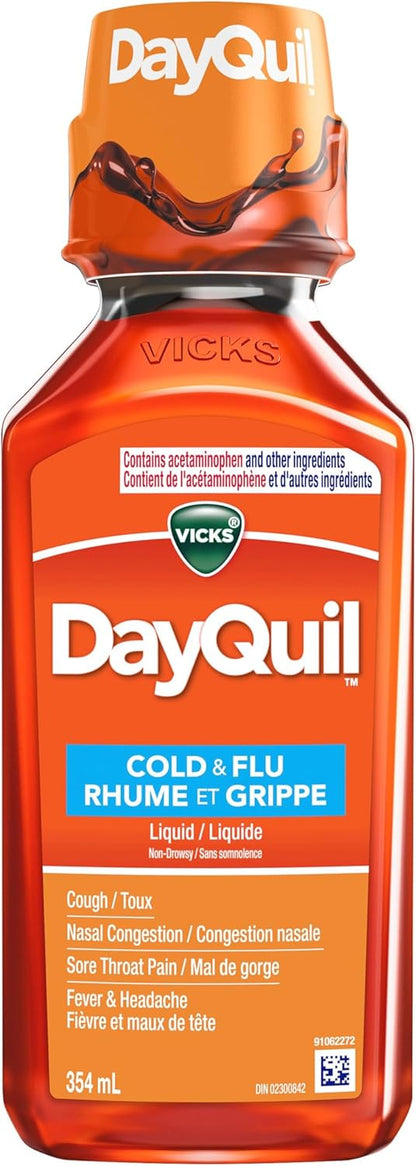 Vicks DayQuil 感冒和流感藥，止咳藥，鼻塞緩解劑，止痛藥，退燒藥，不引起困倦配方，354 毫升