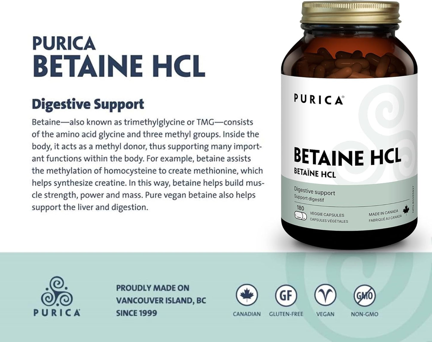 PURICA - Betaine Hydrochloride HCL, 180 Vegan Capsules 180-Day Supply - Digestive Support and Overall Internal Health - Helps to Support Liver Function and Digestion - Non-GMO and Gluten-Free