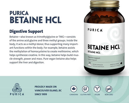 PURICA - Betaine Hydrochloride HCL, 180 Vegan Capsules 180-Day Supply - Digestive Support and Overall Internal Health - Helps to Support Liver Function and Digestion - Non-GMO and Gluten-Free