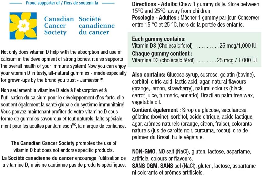 Jamieson 镁软糖（蔓越莓葡萄味）和维生素 D3 1,000 IU 软糖（橙子、草莓、柠檬味）| 各 60 粒