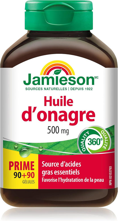 Jamieson Evening Primrose Oil 500 mg with Vitamin E, Omega-6, Supports Skin Hydration, Skin Smoothness, Reduces Acne Symptoms, and Provides Ezcema Symptom Support. Non-GMO, Gluten-Free, 180 Softgels, Proudly Canadian
