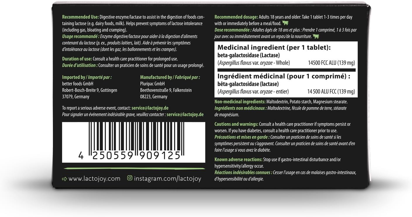 LactoJoy Lactase Pills 14.500 FCC I 45 Pieces I Powerful Lactase Enzymes for Lactose Intolerance I Ultra Pure for Improved Digestion I No Silicon Dioxide, No Artificial Flavors, No Sucralose