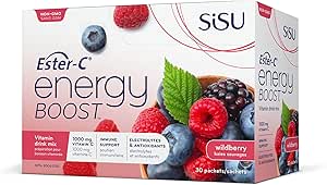Sisu 能量提升，含酯化維生素 C、漿果、24 小時免疫支持、維生素 C 飲料粉、活力 B 群維生素和電解質，30 個獨立包裝，純素、非基因改造、無麩質、無乳製品