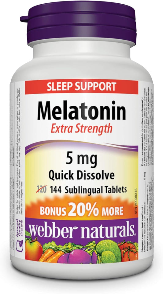 Webber Naturals Melatonin 5 mg Extra Strength (144 Quick Dissolve Tablets) + Digestive Enzymes (90 Tablets) Bundle