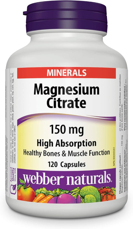 Webber Naturals Magnesium Citrate 150 mg, 120 Capsules, High Absorption Mineral, Supports Bone & Vitamin B100 Complex, Timed Release, 140 Tablets, Supports Energy Production and Metabolism, Vegan