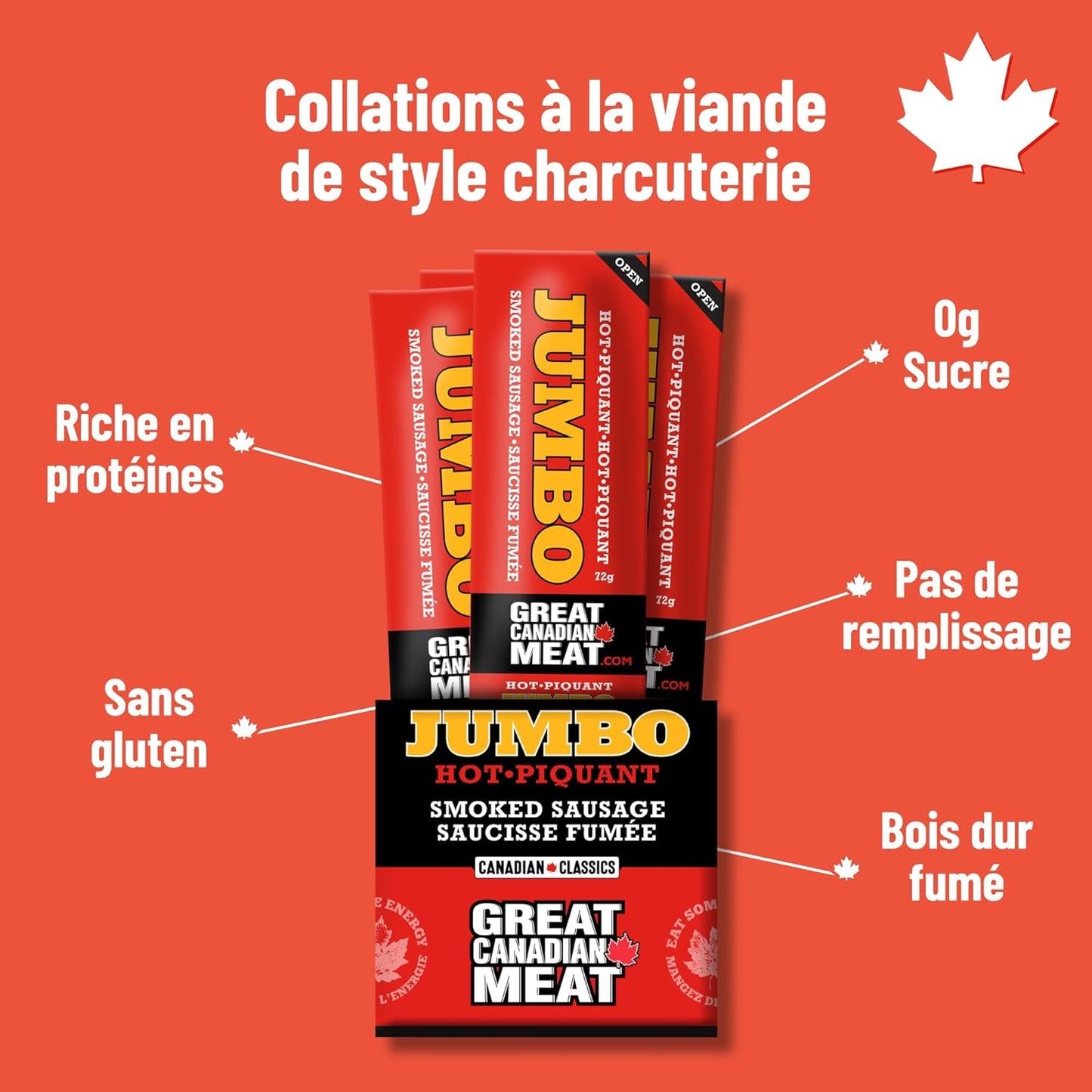 Hot Jumbo Smoked Sausages Locally Made & Hardwood Smoked, 10 x 72g Caddy of Meat Snacks by Great Canadian Meat, Gluten Free, High In Protein Meat Sticks, Sausage Pepperoni Sticks For Carnivores. MRE Perfect For Camping &…