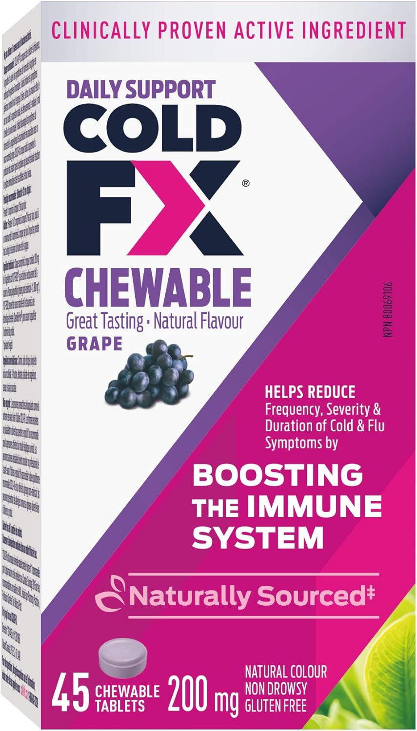 COLD-FX 葡萄咀嚼片，每日支持，含​​北美人参提取物，每日服用有助于减少感冒和流感症状的发生频率，45 片咀嚼片