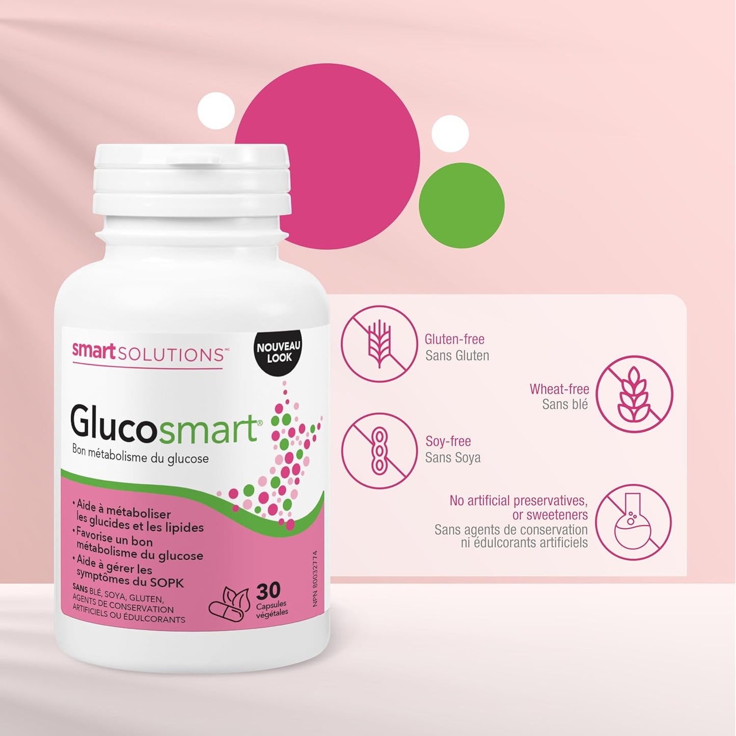 Smart Solutions Glucosmart 胶囊，促进健康的血糖代谢，帮助控制多囊卵巢综合征 (PCOS) 症状。含 600 毫克 D-手性肌醇，不含麸质、大豆，不含人工防腐剂或甜味剂，30 粒装