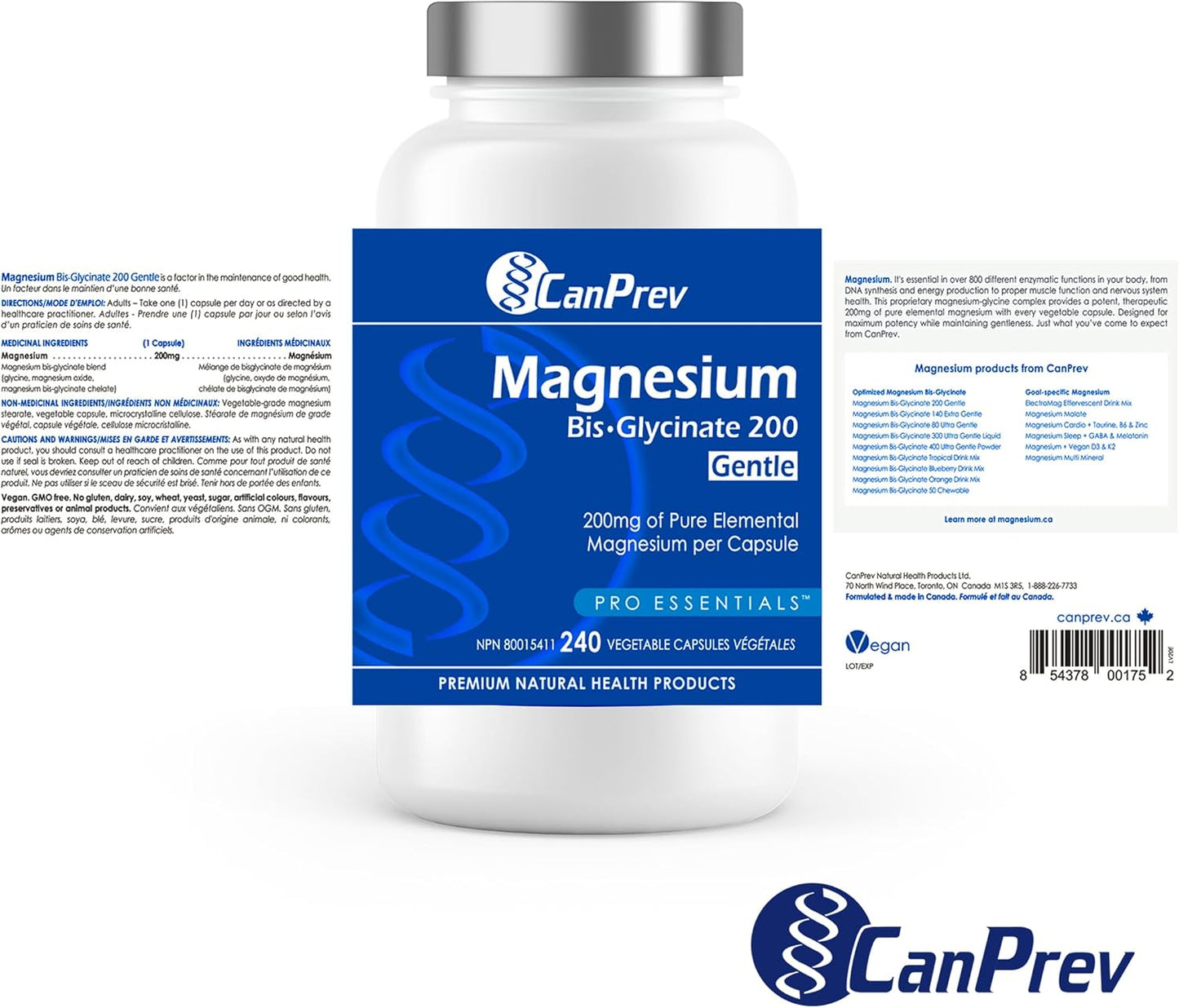 CanPrev 純雙甘氨酸鎂 200 毫克，240 粒素食膠囊，240 天供應量 - 溫和呵護胃部 - 雙甘氨酸鎂補充劑 - 元素螯合複合物，有助於放鬆和肌肉舒適