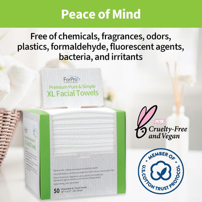 ForPro Premium Pure & Simple XL Facial Towels, Disposable Makeup Remover Dry Wipes, Ultra Soft Lint-Free Biodegradable Face Towels, 100% Vegan & Cruelty-Free, 50-Count