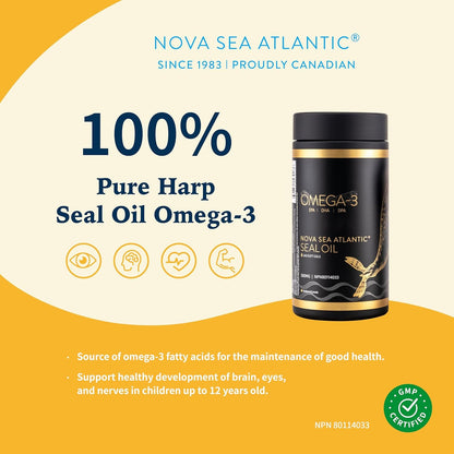 Nova Sea Atlantic® 出品，易于吞咽的竖琴海豹油 Omega 3 6 9 | 加拿大制造 | 富含 EPA、DHA 和 DPA，有益健康 | 不含化学物质，非转基因 | 500 毫克 - 240 粒软胶囊
