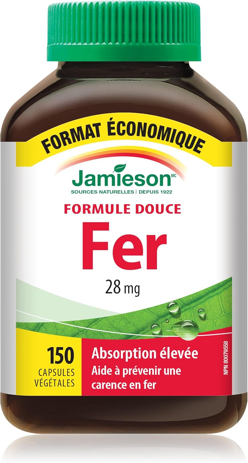 Jamieson 鐵劑 28 毫克，添加葉酸、維生素 B2、維生素 B12 和維生素 C，有助於預防缺鐵，促進吸收，溫和呵護腸胃。非基因改造，無麩質，150 粒素食膠囊
