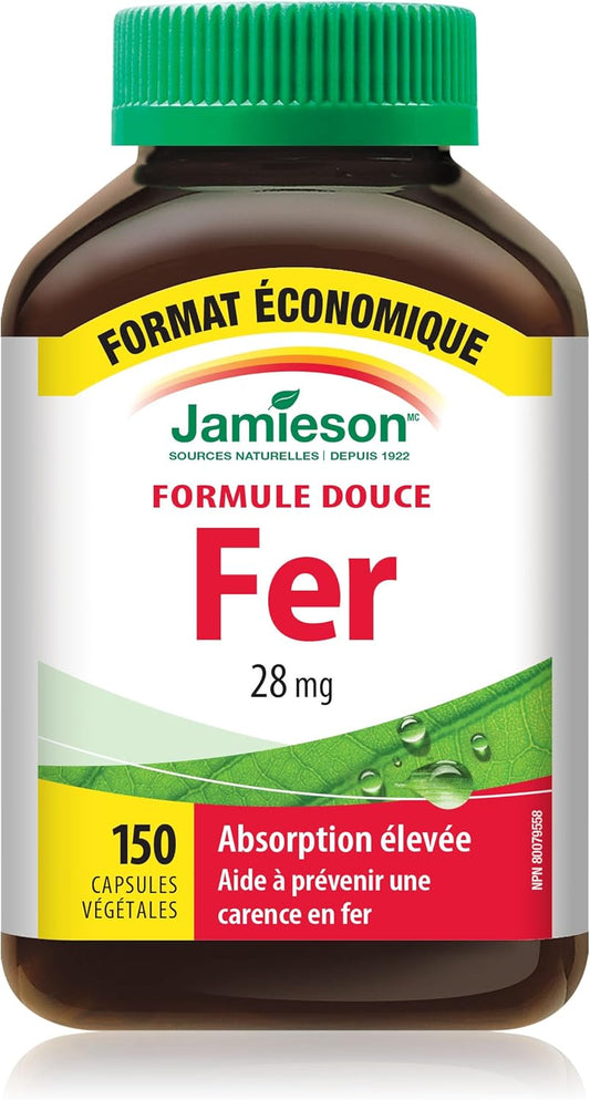 Jamieson 鐵劑 28 毫克，添加葉酸、維生素 B2、維生素 B12 和維生素 C，有助於預防缺鐵，促進吸收，溫和呵護腸胃。非基因改造，無麩質，150 粒素食膠囊