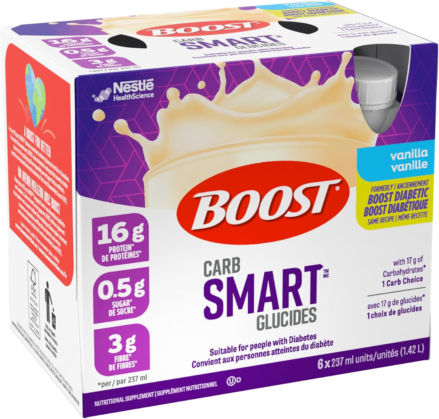 BOOST CarbSmart 香草味，高蛋白，低糖，24 种维生素和矿物质，营养补充剂，16 克蛋白质，0.5 克糖，犹太洁食，无麸质，适合糖尿病患者，24 瓶，6 公斤