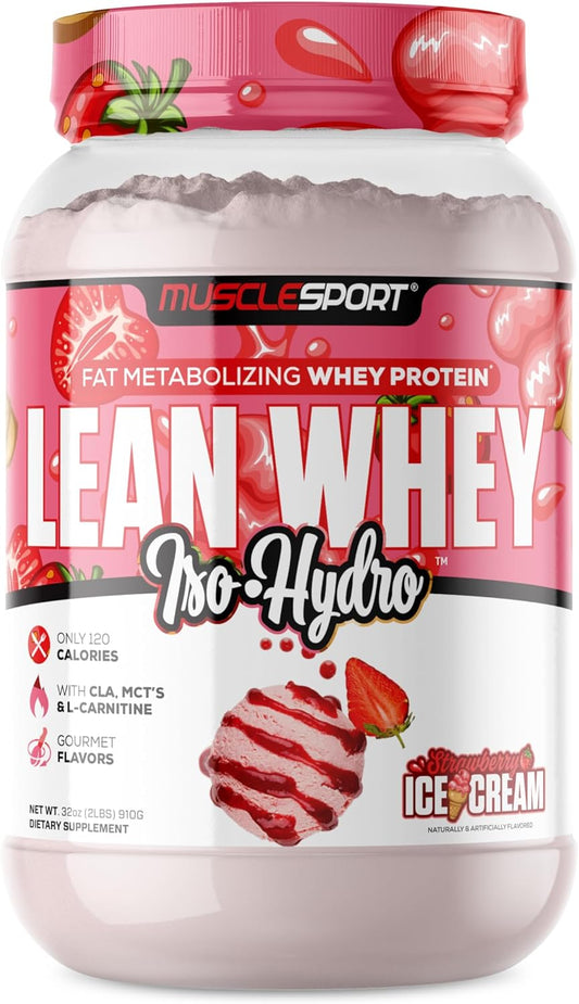 MuscleSport Lean Whey Protein Powder - Whey Protein Isolate - Low Calorie, Low Carb, Low Fat, Incredible Flavors - 25g Protein per Scoop - 2lb Strawberry Ice Cream