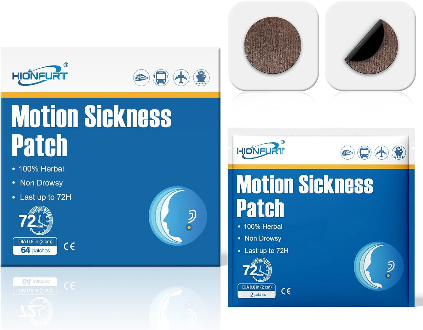 Hionfurt 64ct Motion Sickness Patches – Sea Sickness Patches for Cruise, Car, Airplane, and Other Travel – Non-Drowsy, Effective, Lasts 72
