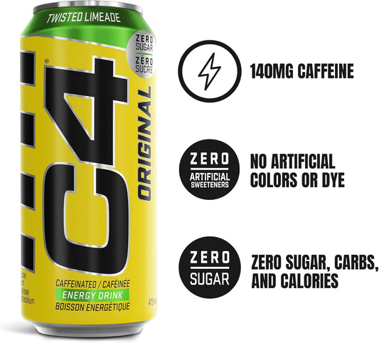 Cellucor C4 On The Go Carbonated Sugar-Free Pre Workout drink, Sparkling Energy Drink with Caffeine, Twisted Limeade,16 Fl. Oz (Pack of 12)