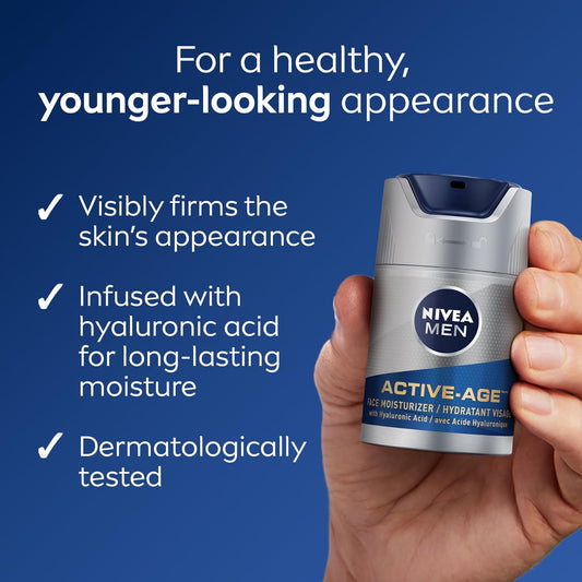 NIVEA MEN Active-Age Face Moisturizer, Men's Face Cream with Hyaluronic Acid, Anti Wrinkle Cream for Men, Skin Firming Cream Provides 24H Hydration, Dermatologically-Tested Skin Care, 50mL