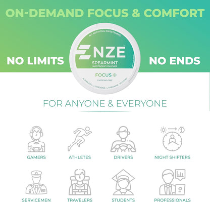 NZE 无咖啡因益智袋（留兰香型） - 益智袋含 Alpha GPC、L-酪氨酸和 L-茶氨酸 - 无糖无人工甜味剂 - 每罐 15 个无尼古丁袋 - 5 包