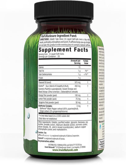 Irwin Naturals Ultra-Max 塑身燃脂胶囊，腹部脂肪燃烧剂 - 男女膳食支持补充剂 - 配方含 Sinetrol、葡萄柚、甜橙和血橙 - 60 粒液体软胶囊