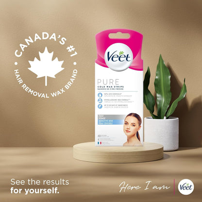 Veet PURE, Face Wax Strips, Sensitive Skin, Hypoallergenic Formula, 40ct, White
