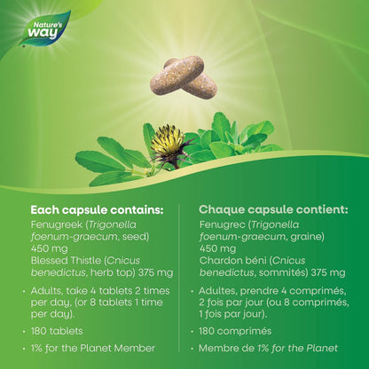 Nature's Way Fenugreek and Blessed Thistle – Used in Herbal Medicine as a Lactation Supplement to Promote Mothers’ Breast Milk Production – Vegetarian, 180 Tablets