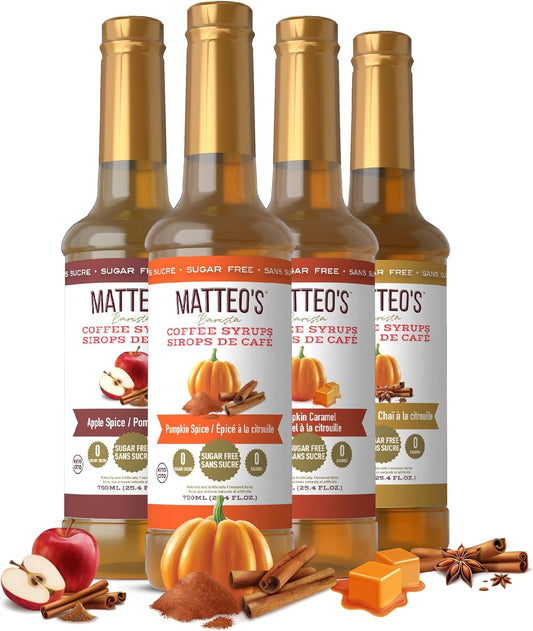 Matteo's Barista Style 无糖咖啡糖浆 - 4 种口味 Harvest 混合装，无卡路里，适合生酮饮食的咖啡糖浆和口味，美味咖啡糖浆，适合居家和工作时饮用的咖啡糖浆 25.4 盎司