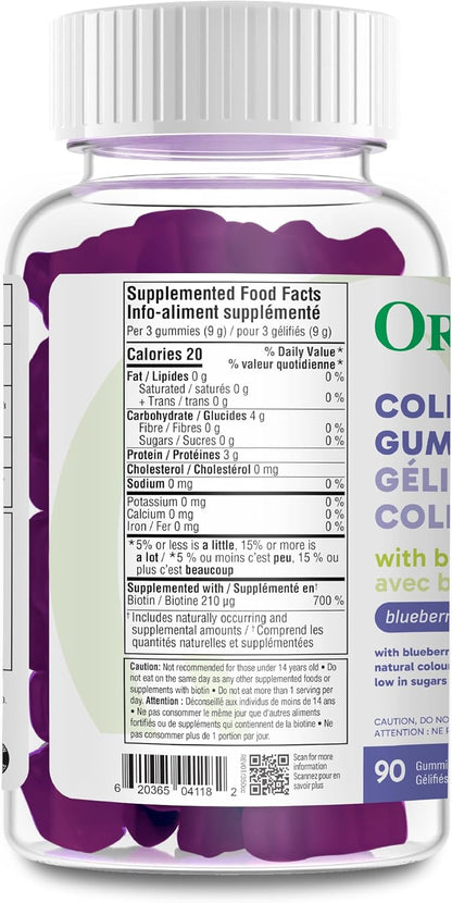 Organika 膠原蛋白軟糖 - 藍莓口味 - 每份含 2500 毫克膠原蛋白，另加生物素，有益於皮膚、頭髮和關節健康，牧場飼養的牛，不含麩質和乳製品，90 粒軟糖