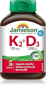Jamieson Vitamin K 120 mcg and Vitamin D3 1,000 IU Softgels, Supports Immune Health, Strong Bones and Teeth. Non-GMO, Gluten-Free, 30 Count, Proudly Canadian