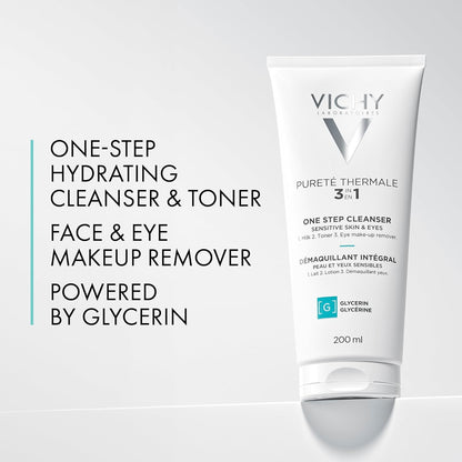 Vichy Gentle Facial Cleanser and Makeup Remover, Purete Thermal 3-in-1 Face Cleanser for Sensitive Skin, Hypoallergenic, Dermatologist Recommended, Paraben-Free, 200mL