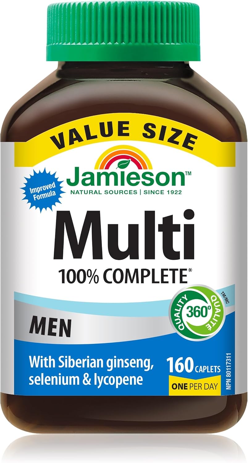 Jamieson 100% 男士複合維生素，含西伯利亞人參、番茄紅素和硒。支持眼部健康、提升能量、增強免疫力和日常健康，無麩質，每日一片，160 粒膠囊
