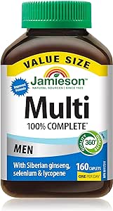 Jamieson 100% 男士複合維生素，含西伯利亞人參、番茄紅素和硒。支持眼部健康、提升能量、增強免疫力和日常健康，無麩質，每日一片，160 粒膠囊