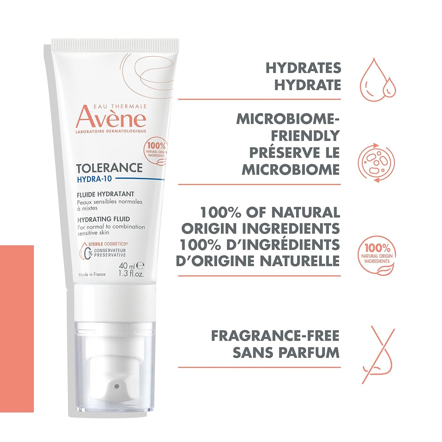 Eau Thermale Avène Tolérance HYDRA-10 Fluid, Hydrating Face Moisturizer for Sensitive Skin, Fragrance, Paraben-free, replacing Tolérance EXTRÊME, 40 ml