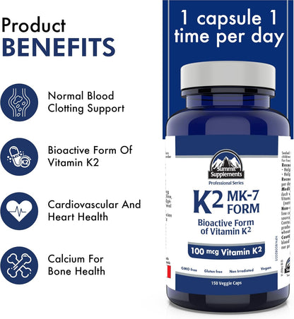 Vitamin K2 MK-7 100mcg, 150 Veggie Capsules, 150-Day Supply, Bioavailable Vitamin K2 Supplement for Bone Strength & Cardiovascular Support, Vegan, GMO & Gluten Free, Proudly Canadian, Plastic Negative