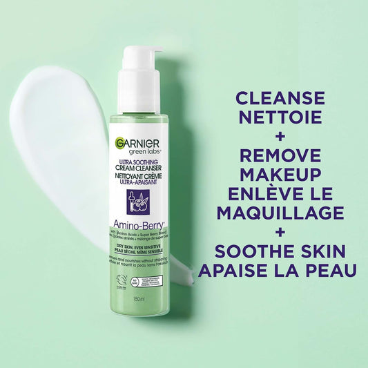 Garnier Green Labs Amino-Berry Soft Gentle Facial Cream Cleanser Hydrates and Soothes Skin, 150 mL