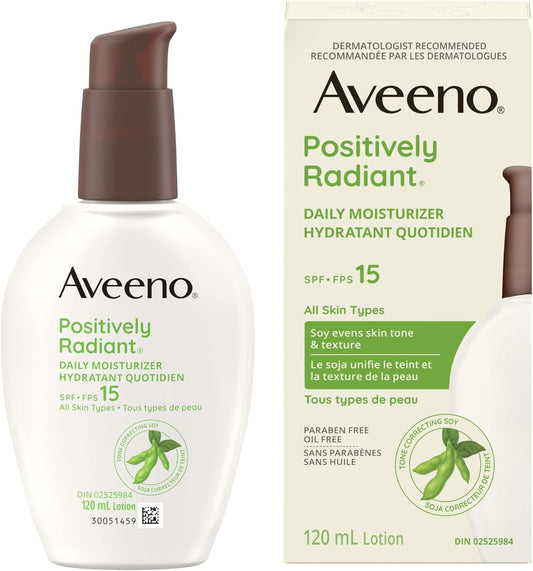 Aveeno Positively Radiant 每日保湿霜 SPF 15，120 毫升（包装可能有所不同）和舒缓 + 修复滋养燕麦洁面乳（适合敏感肌肤），温和凝胶洁面乳
