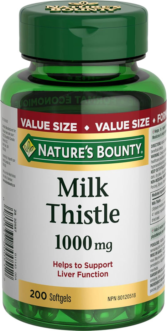 NATURE'S BOUNTY Milk Thistle, 1000 mg, Helps Support Liver Function, Liver Protectant, Used in Herbal Medicine to help Relieve Digestive Disturbances, 200 Softgels, 229 g