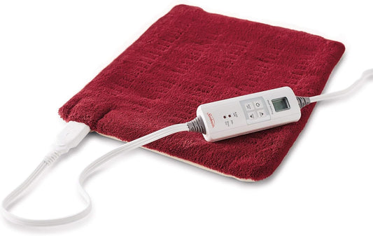 Sunbeam Microplush XpressHeat 加熱墊，6 種加熱設置，選擇小時自動關閉，濕熱/乾熱，12 英寸 x 15 英寸，石榴紅色