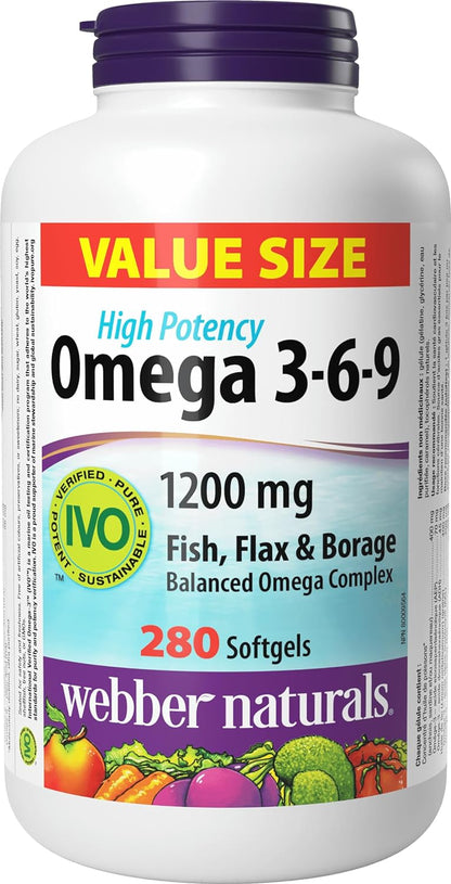 Webber Naturals Omega 3-6-9 1,200 毫克魚油，280 粒軟膠囊，支持心血管健康和大腦功能