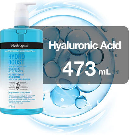 Neutrogena Hydro Boost Fragrance-Free Hydrating Cleansing Gel, Foaming, Facial Cleanser, Hyaluronic Acid, Paraben Free, 473-mL