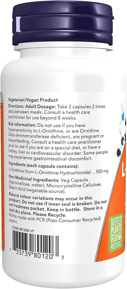 NOW Supplements，L-鳥氨酸 500 毫克，蛋白質代謝支持，非基因改造，60 粒植物膠囊