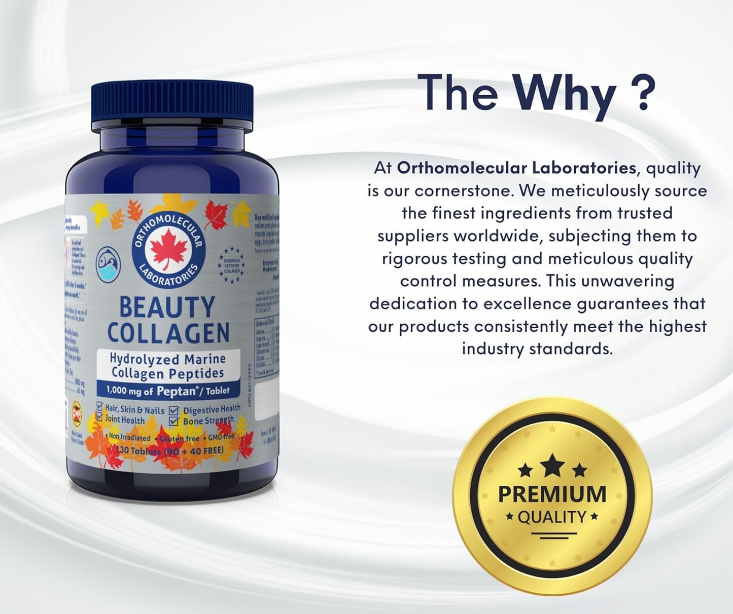 Orthomolecular Laboratories - Beauty Collagen Hydrolyzed Marine Collagen Peptides 1000mg, 130 Tablets 32-Day Supply - Vitamins for Bone Strength, Digestive Health, Joint Health, Hair, Skin and Nails