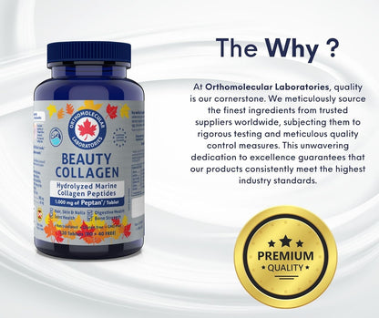 Orthomolecular Laboratories - Beauty Collagen Hydrolyzed Marine Collagen Peptides 1000mg, 130 Tablets 32-Day Supply - Vitamins for Bone Strength, Digestive Health, Joint Health, Hair, Skin and Nails